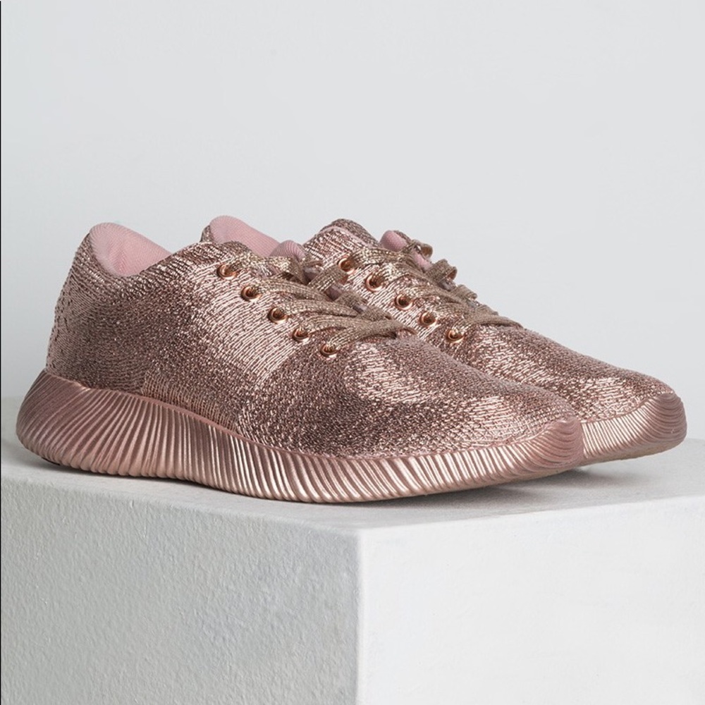 Ladies metallic knit lace up athletic sneakers. - Picture 3 of 5